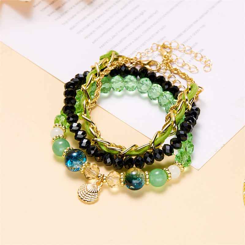 Oceanica Muse | Charm Layered Bracelet Set | Gold Plated Multi-Bead & Shell Detailing | Boho Coastal Statement Bracelet Set