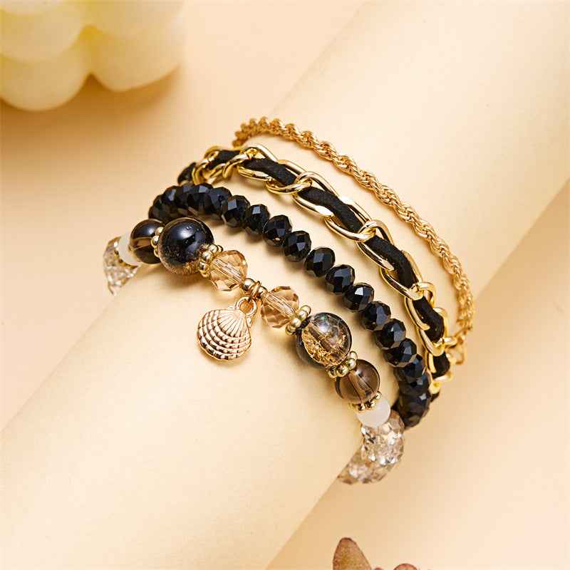 Oceanica Muse | Charm Layered Bracelet Set | Gold Plated Multi-Bead & Shell Detailing | Boho Coastal Statement Bracelet Set