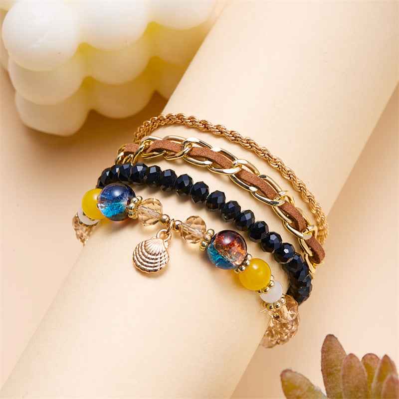 Oceanica Muse | Charm Layered Bracelet Set | Gold Plated Multi-Bead & Shell Detailing | Boho Coastal Statement Bracelet Set