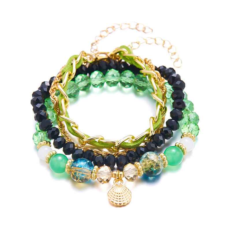 Oceanica Muse | Charm Layered Bracelet Set | Gold Plated Multi-Bead & Shell Detailing | Boho Coastal Statement Bracelet Set