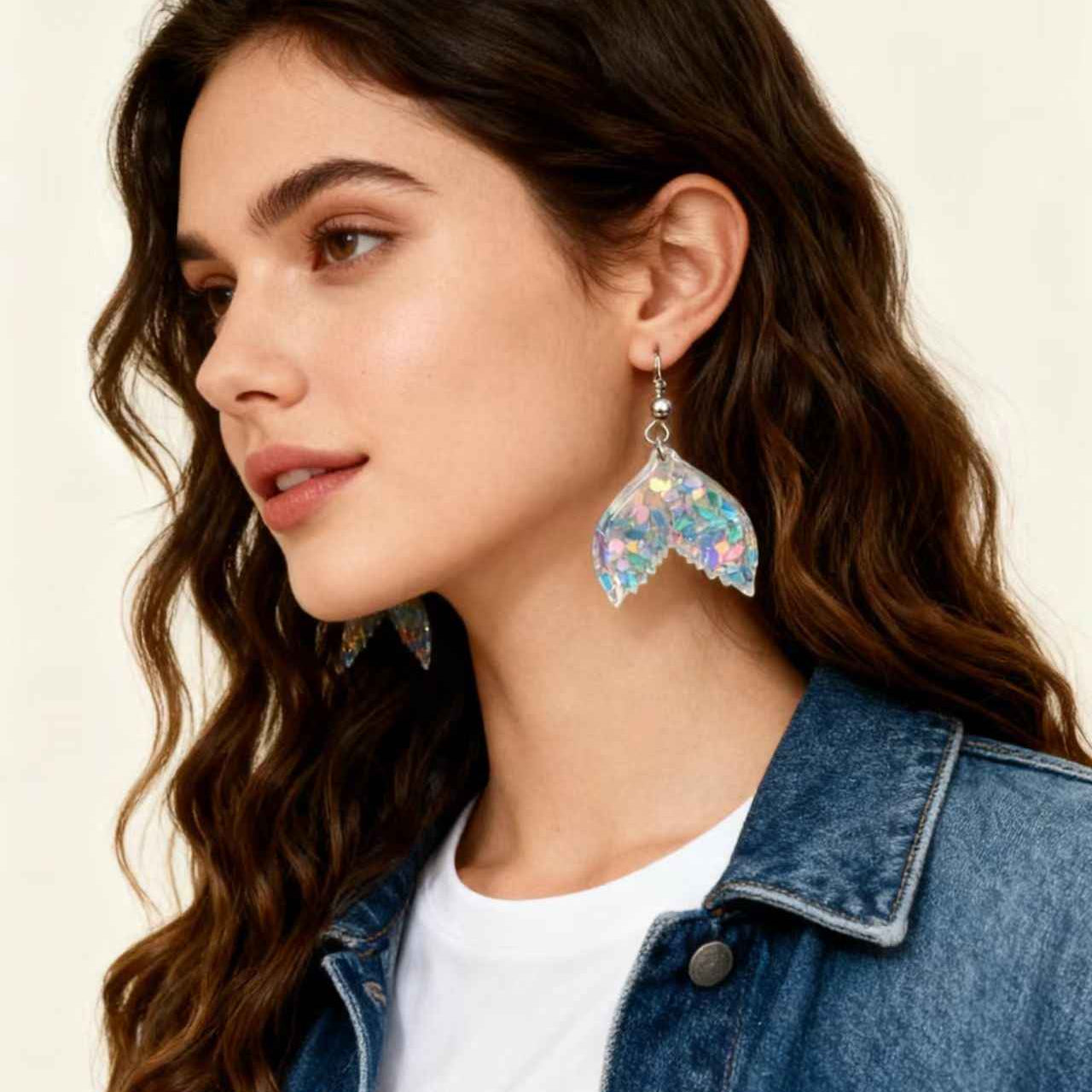 Oceanica Drift | Mermaid Tail Drop Earrings | Silver Plated Iridescent Resin Design | Playful Contemporary Luxe Earrings