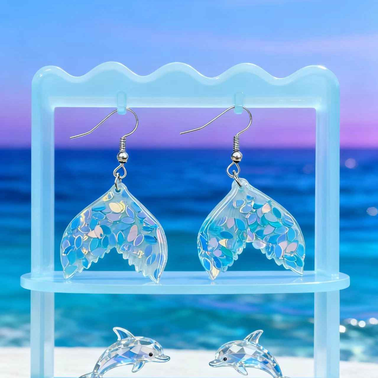 Oceanica Drift | Mermaid Tail Drop Earrings | Silver Plated Iridescent Resin Design | Playful Contemporary Luxe Earrings