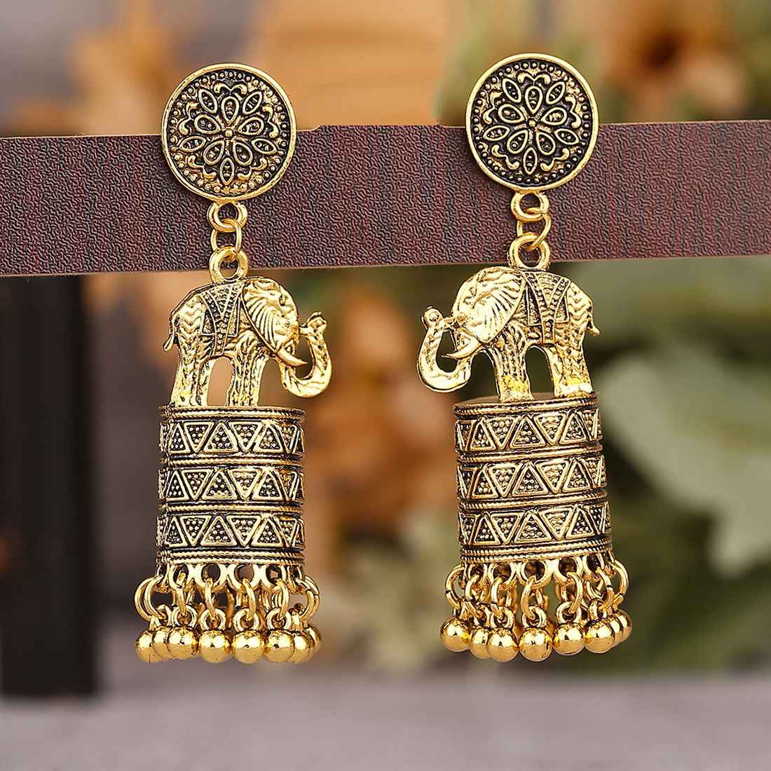 Rajsi Heritage | Elephant Jhumka Earrings | Gold Plated Temple-Inspired Engraved Design | Festive Ethnic Luxe Statement Earrings