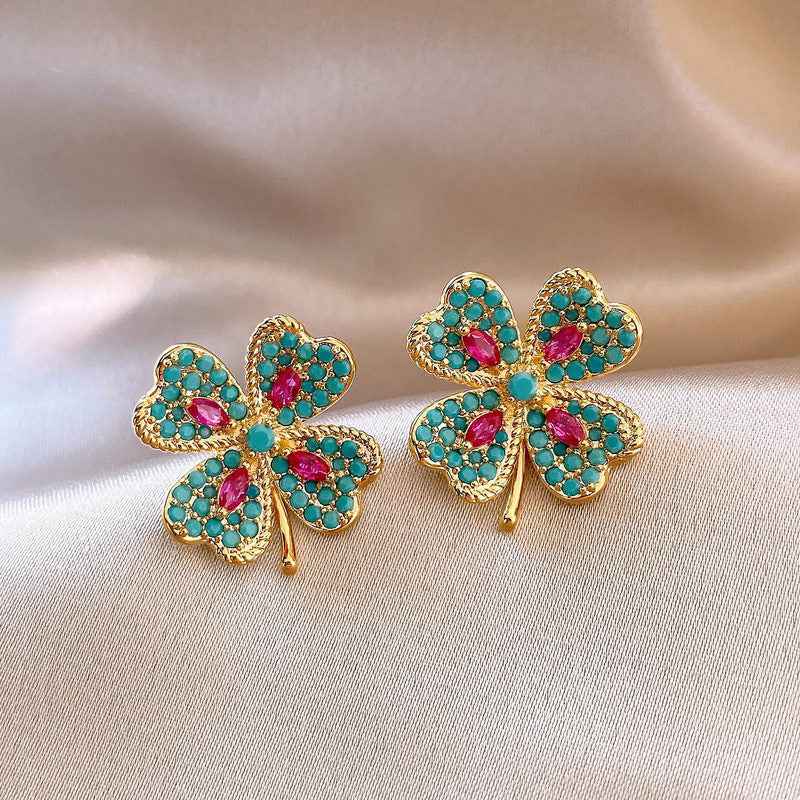 Emerald Grace | Bloom Clover Stud Earrings | Gold Plated Green Crystal Floral Design | Elegant Everyday Luxe Studs