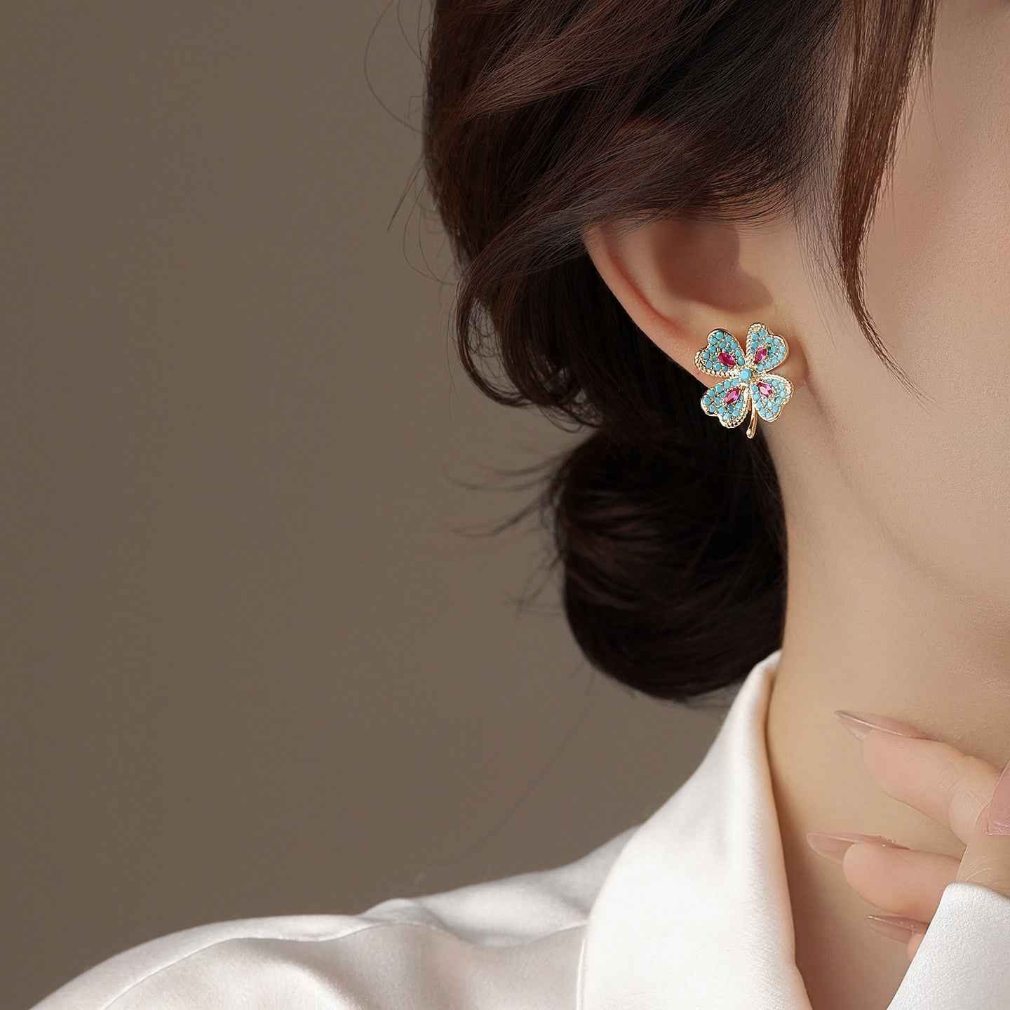 Emerald Grace | Bloom Clover Stud Earrings | Gold Plated Green Crystal Floral Design | Elegant Everyday Luxe Studs