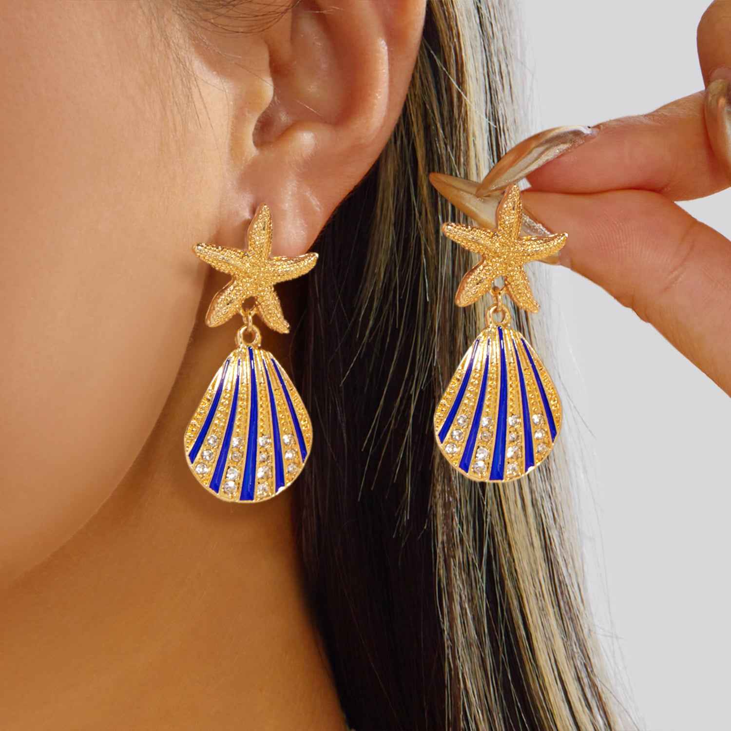 Oceanica Azure | Starfish Shell Drop Earrings | Gold Plated Blue Enamel & Crystal Design | Coastal Statement Luxe Earrings