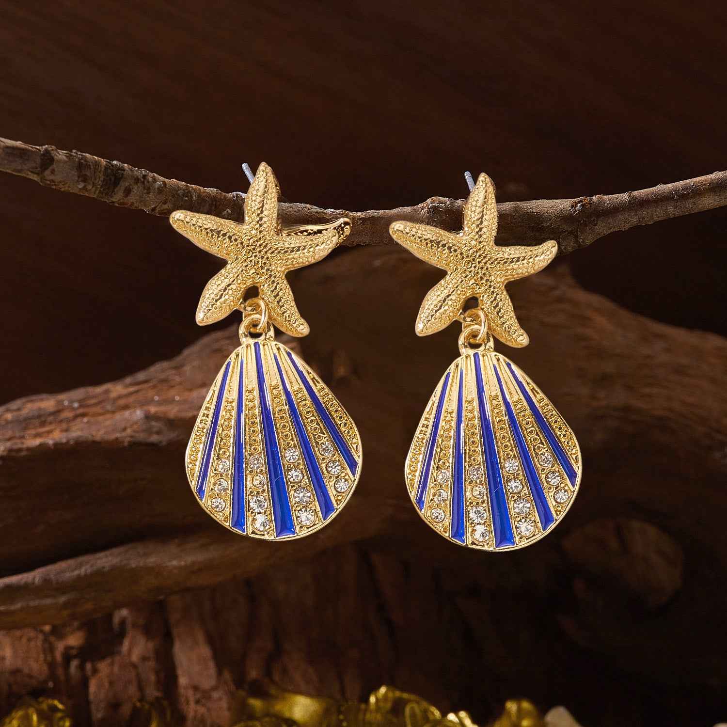 Oceanica Azure | Starfish Shell Drop Earrings | Gold Plated Blue Enamel & Crystal Design | Coastal Statement Luxe Earrings