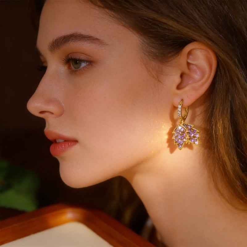Blush Aura | Crystal Leaf Drop Hoop Earrings | Gold Plated Pink Zircon Leaf Design | Feminine Elegant Luxe Earrings
