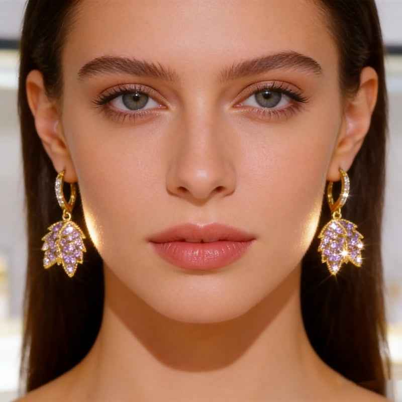 Blush Aura | Crystal Leaf Drop Hoop Earrings | Gold Plated Pink Zircon Leaf Design | Feminine Elegant Luxe Earrings