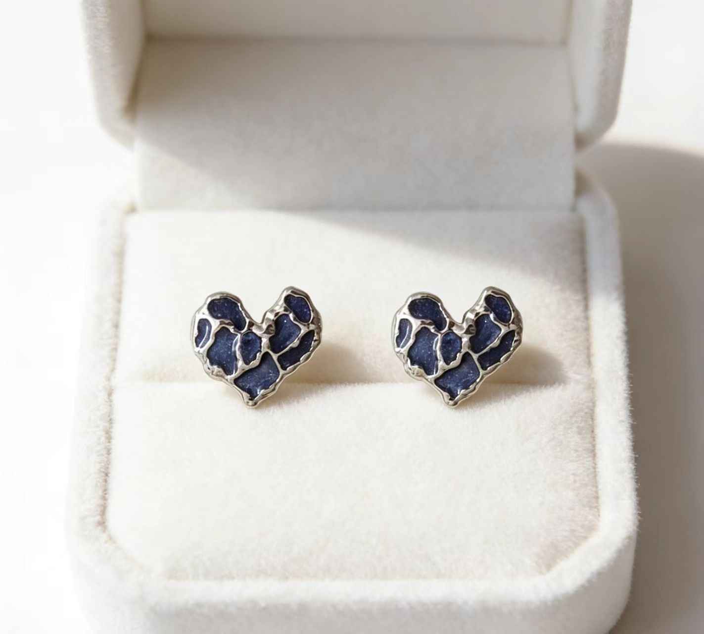 Midnight Muse | Mosaic Heart Stud Earrings | Silver Plated Textured Enamel Design | Minimal Everyday Luxe Studs