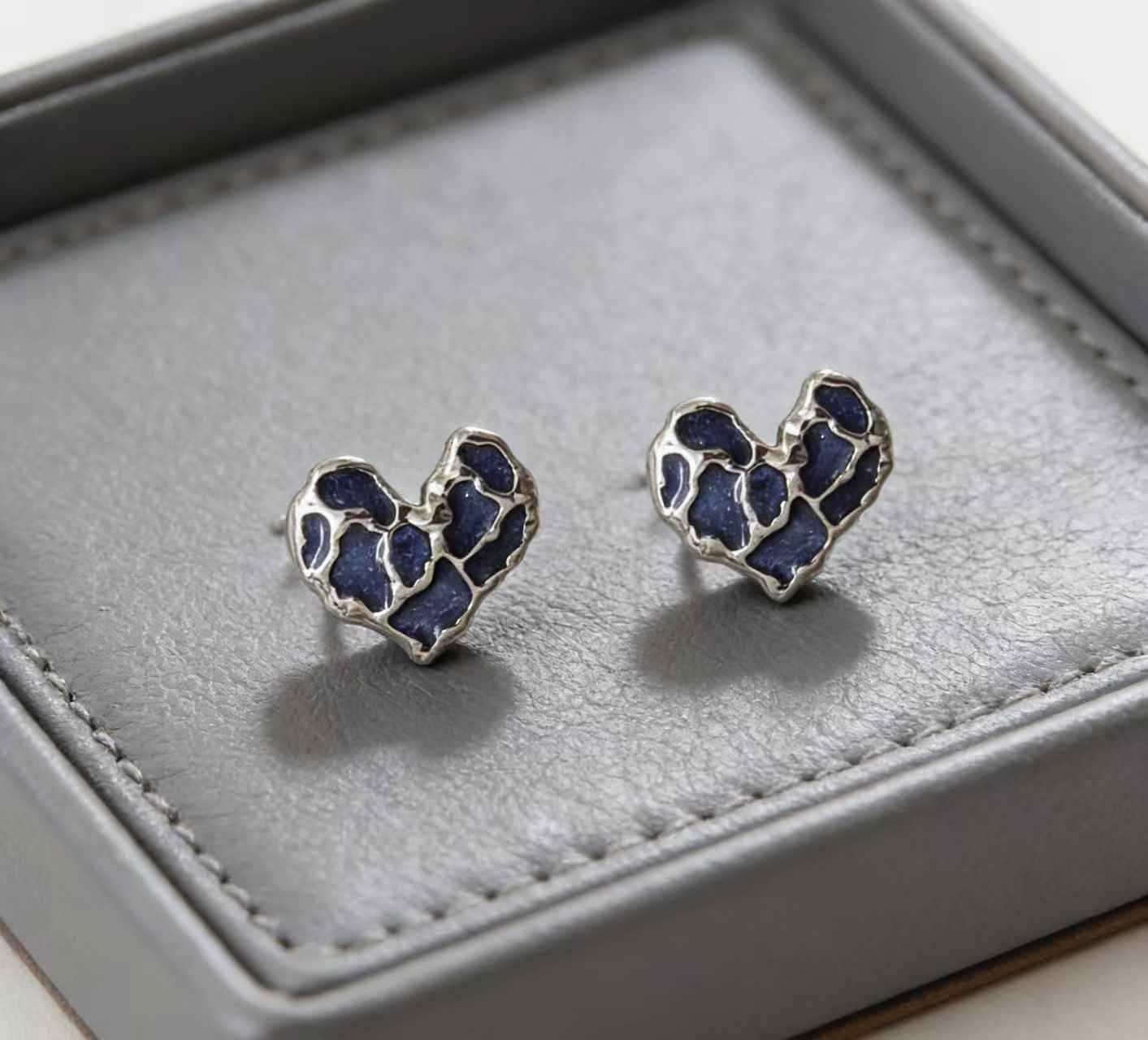 Midnight Muse | Mosaic Heart Stud Earrings | Silver Plated Textured Enamel Design | Minimal Everyday Luxe Studs