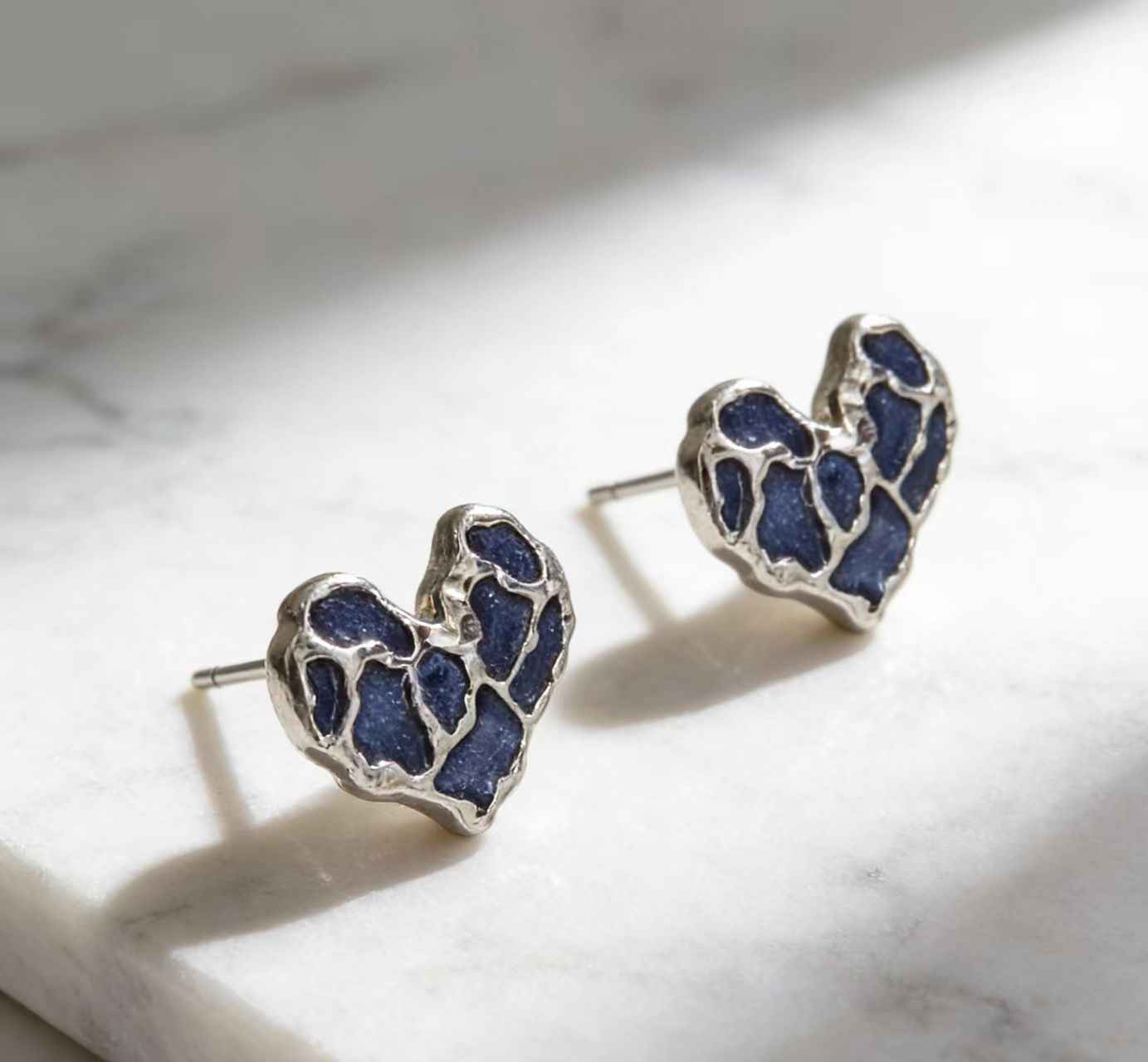 Midnight Muse | Mosaic Heart Stud Earrings | Silver Plated Textured Enamel Design | Minimal Everyday Luxe Studs