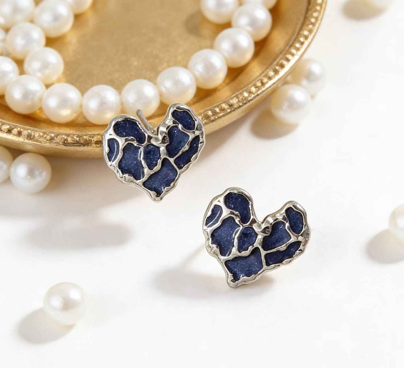 Midnight Muse | Mosaic Heart Stud Earrings | Silver Plated Textured Enamel Design | Minimal Everyday Luxe Studs