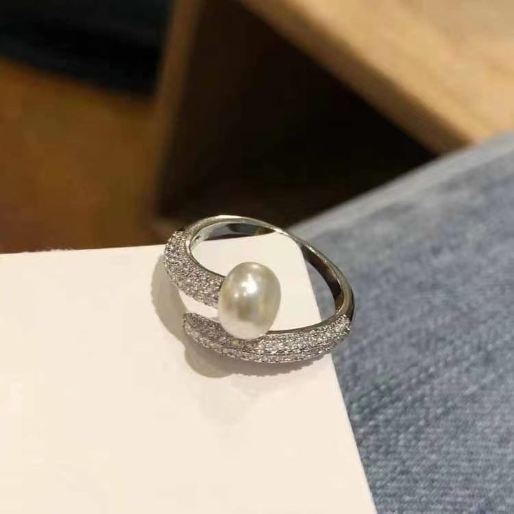 Lustrous Embrace Pearl 925 silver plated Adjustable Ring