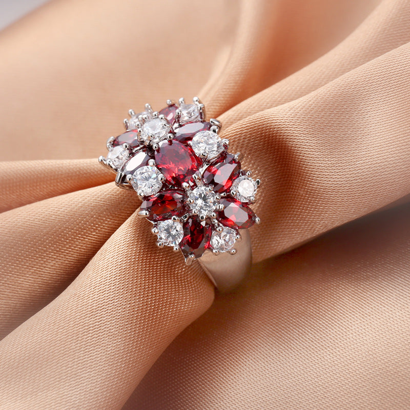 Crimson Frost Floral 925 Silver Plated Ring