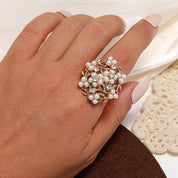 Pearl Bloom Royale – Luxe Floral 14K Gold plated Adjustable Statement Ring