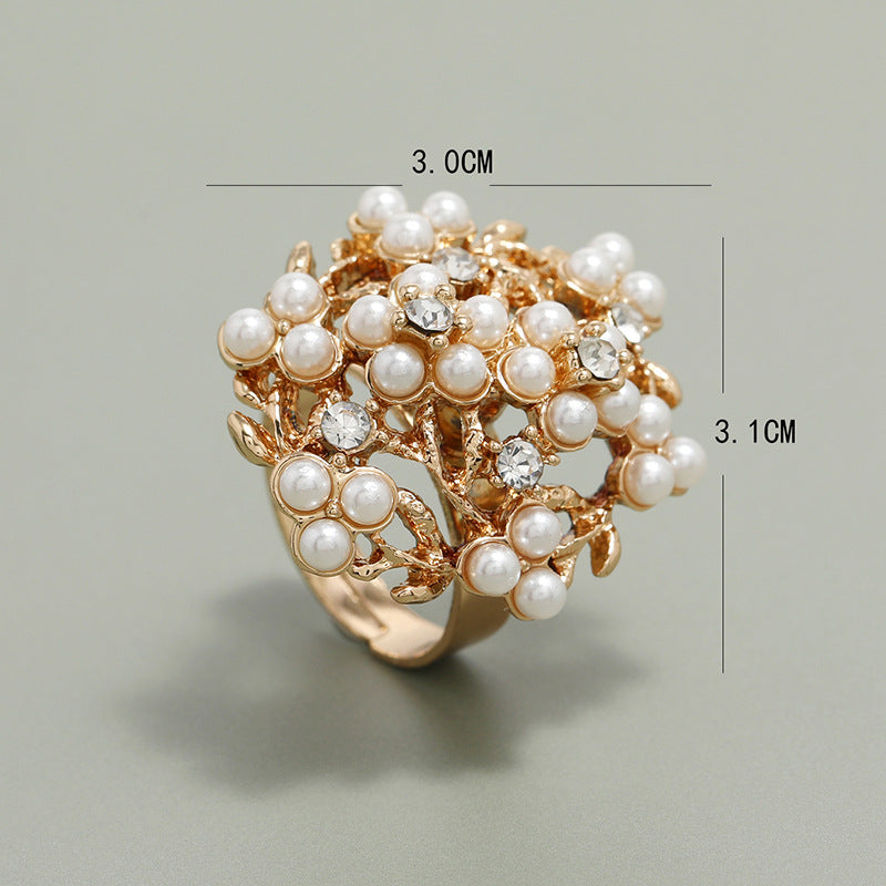 Pearl Bloom Royale – Luxe Floral 14K Gold plated Adjustable Statement Ring